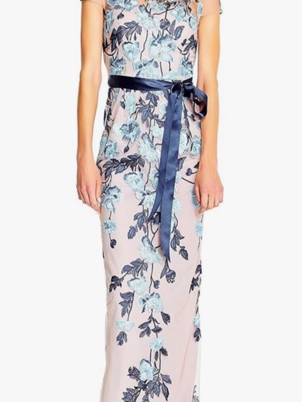 NWT Adrianna Papell Floral Lace Overlay Satin Sash Evening Gown - Blue on Blush